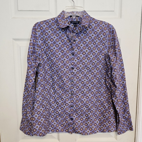 NWOT TWO Lands' End Graphic Retro Printed Button Down No Iron Supima Top - Picture 3 of 8